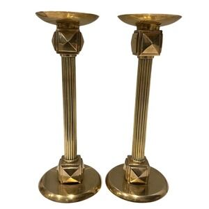 Larry Laslo Towle Brass Candlesticks Pair Fluted Column Postmodern Geometric 80s